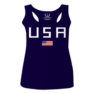 0065. USA American Flag United States of America Patriotic Military Style Women's Tank Top Racerback (Navy Blue, Large)