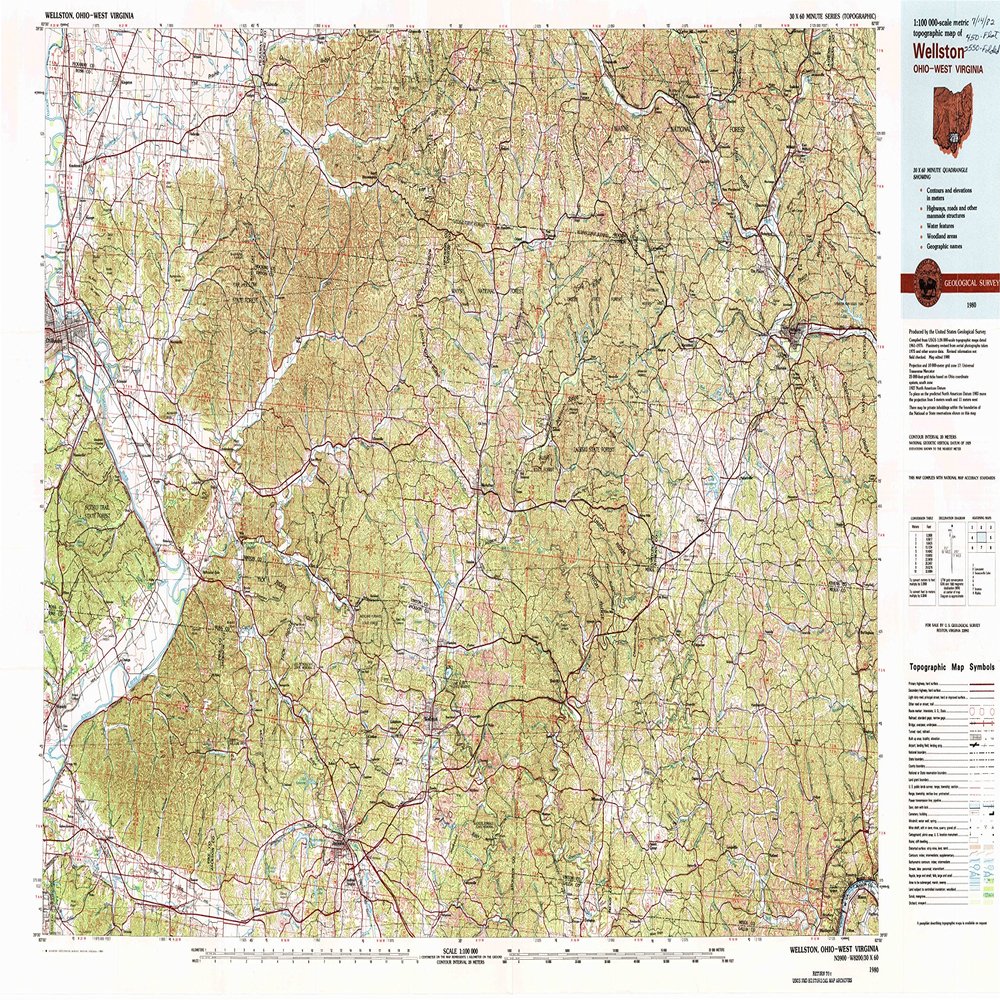 Wellston OH topo map, 1:100000 Scale, 30 X 60 Minute, Historical, 1980, Updated 1982, 24.1 x 40.9 in - Tyvek
