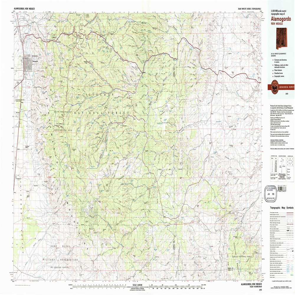 YellowMaps Alamogordo NM topo map, 1:100000 Scale, 30 X 60 Minute, Historical, 1979, Updated 1979, 24.1 x 44 in - Tyvek