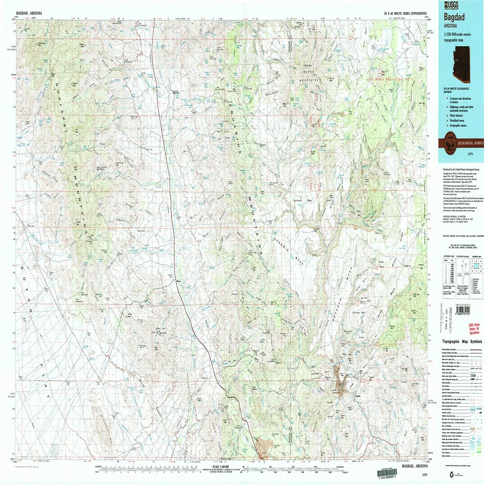 YellowMaps Bagdad AZ topo map, 1:100000 Scale, 30 X 60 Minute, Historical, 1979, Updated 1997, 24.1 x 42.5 in - Tyvek