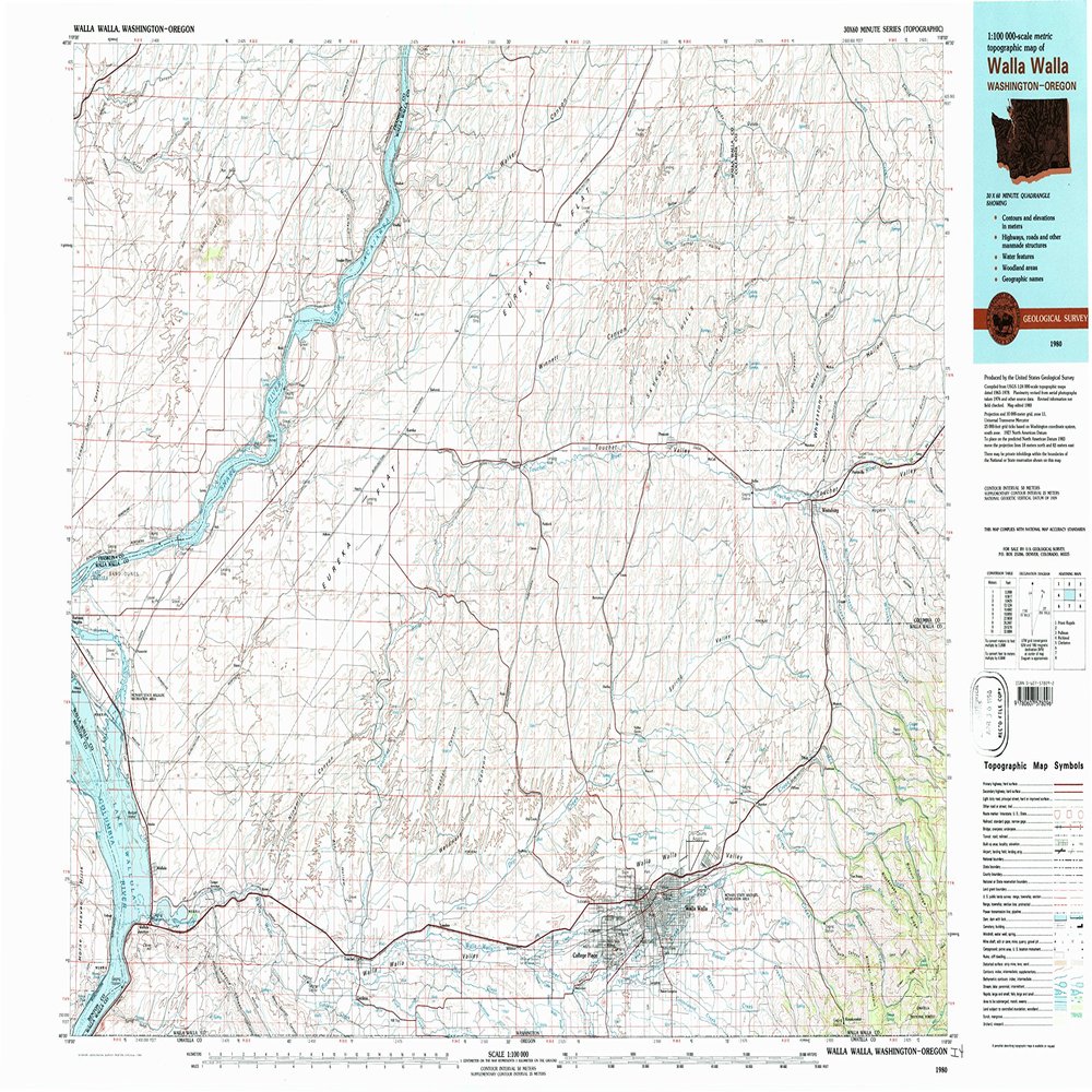 YellowMaps Walla Walla WA topo map, 1:100000 Scale, 30 X 60 Minute, Historical, 1980, Updated 1980, 24.1 x 38 in - Tyvek