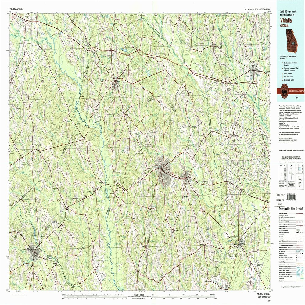 YellowMaps Vidalia GA topo map, 1:100000 Scale, 30 X 60 Minute, Historical, 1979, Updated 1980, 24.1 x 43.4 in - Tyvek