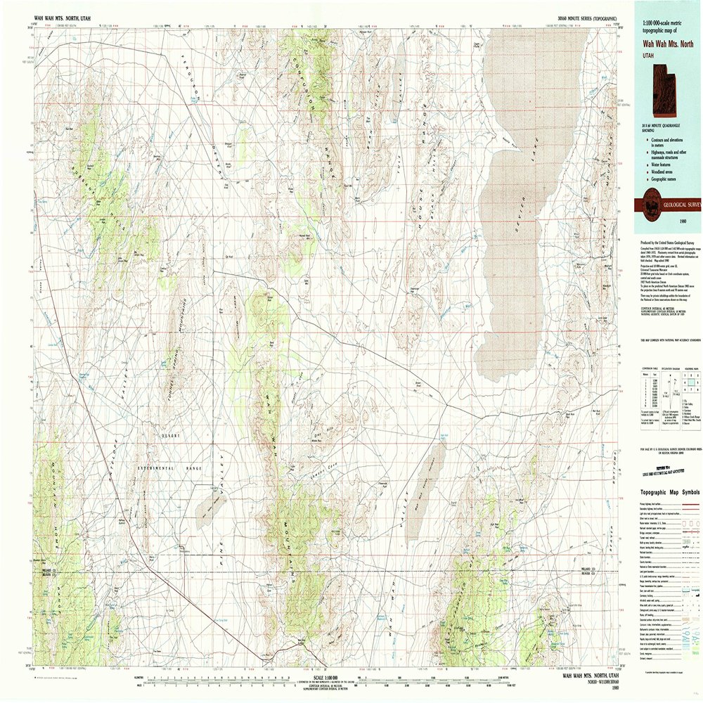 YellowMaps Wah Wah MTS North UT topo map, 1:100000 Scale, 30 X 60 Minute, Historical, 1980, Updated 1985, 24.1 x 41.2 in - Tyvek