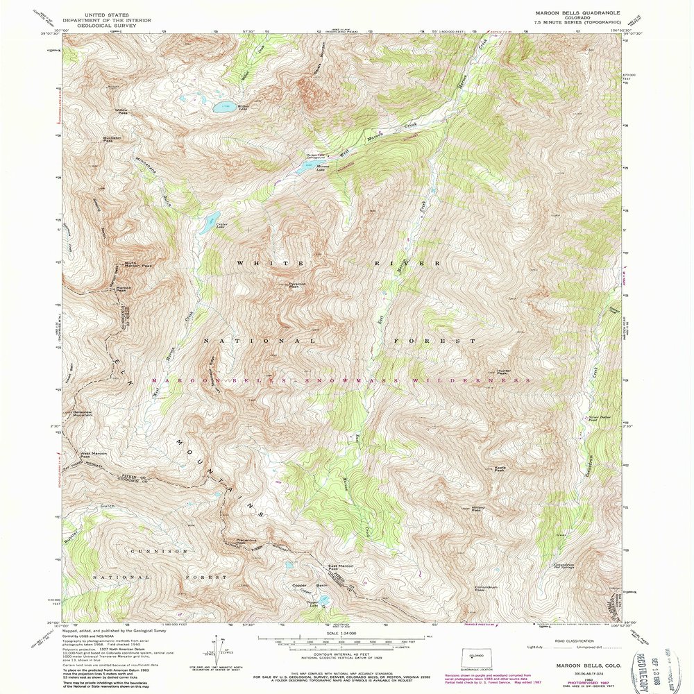 Maroon Bells CO topo map, 1:24000 Scale, 7.5 X 7.5 Minute, Historical, 1960, Updated 1988, 26.8 x 22 in - Tyvek