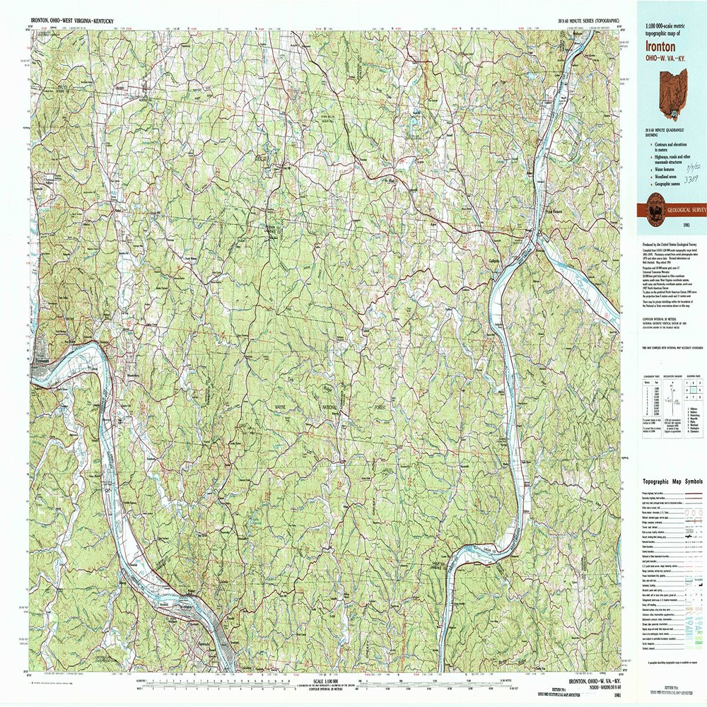 YellowMaps Ironton OH topo map, 1:100000 Scale, 30 X 60 Minute, Historical, 1981, Updated 1982, 24.1 x 41.1 in - Tyvek
