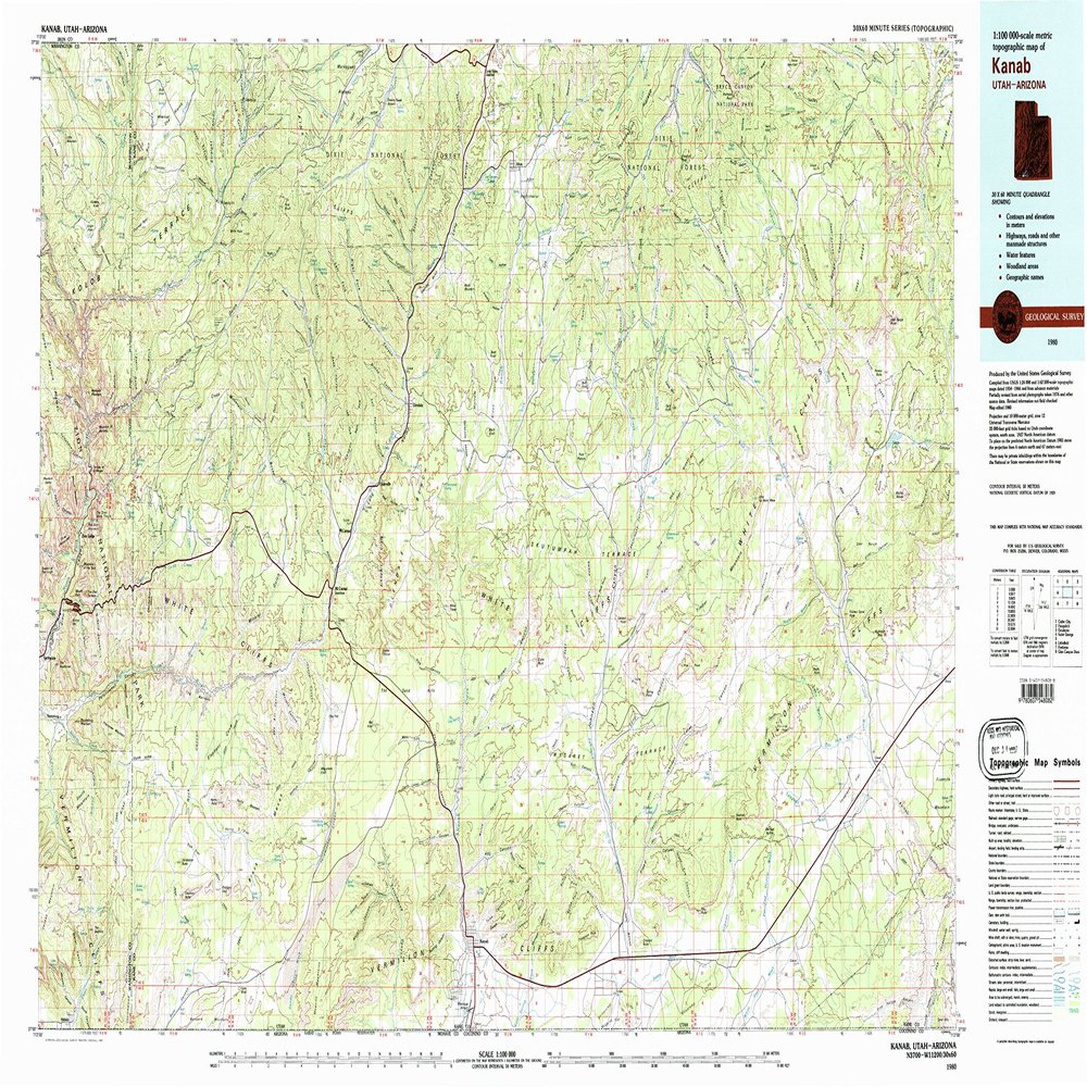 YellowMaps Kanab UT topo map, 1:100000 Scale, 30 X 60 Minute, Historical, 1980, Updated 1981, 24.1 x 41.5 in - Tyvek