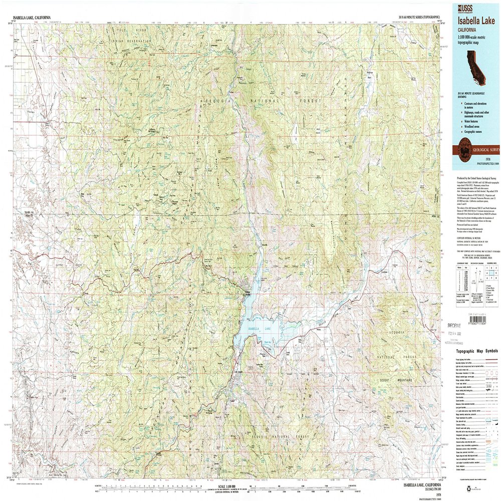 YellowMaps Isabella Lake CA topo map, 1:100000 Scale, 30 X 60 Minute, Historical, 1978, Updated 1994, 24.1 x 41.7 in - Tyvek
