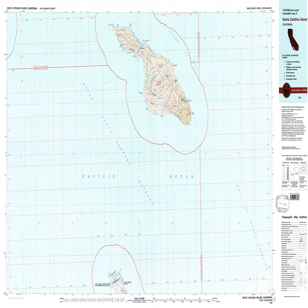YellowMaps Santa Catalina Island CA topo map, 1:100000 Scale, 30 X 60 Minute, Historical, 1981, Updated 1981, 23.9 x 42.6 in - Tyvek