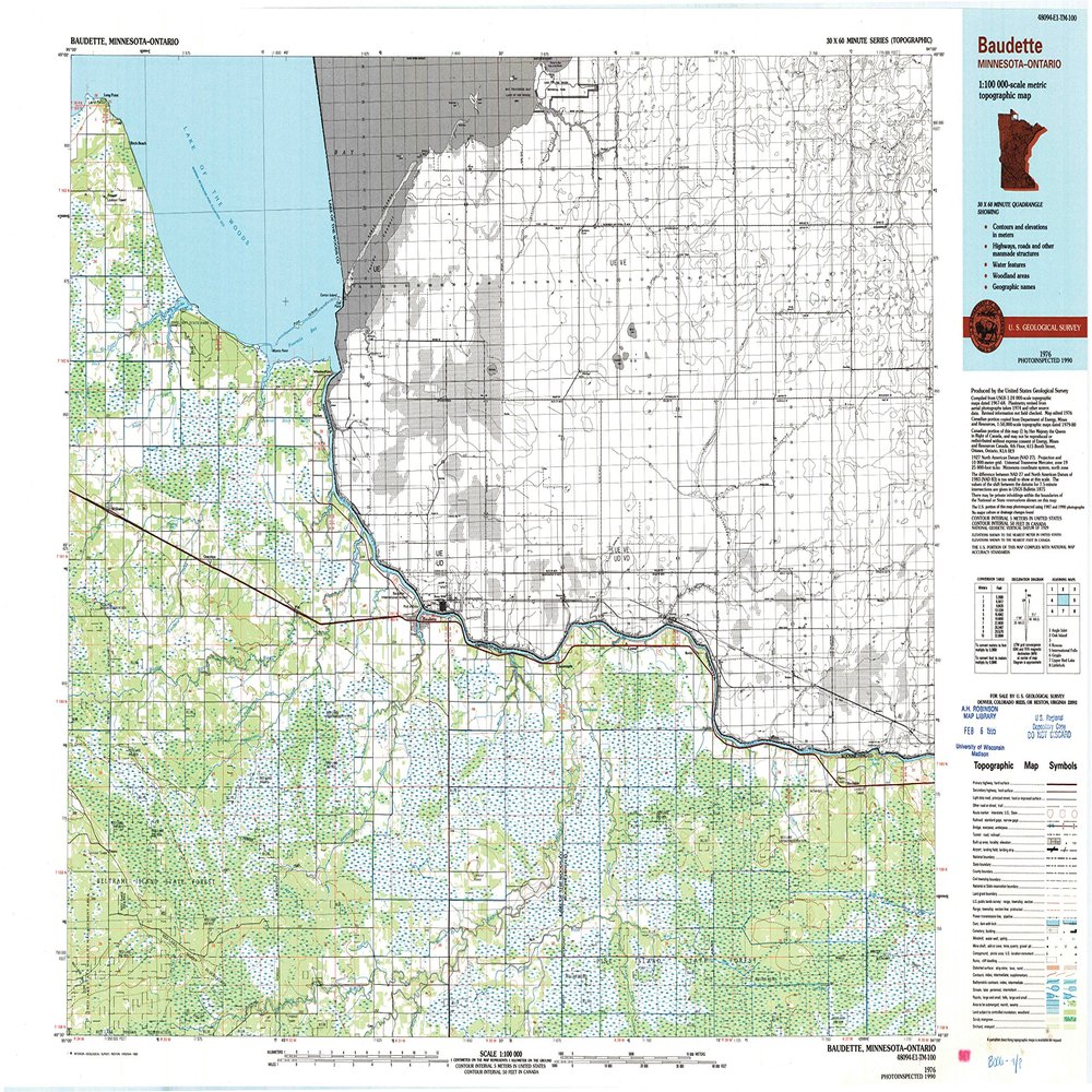 YellowMaps Baudette MN topo map, 1:100000 Scale, 30 X 60 Minute, Historical, 1976, Updated 1993, 27.23 x 21.53 in - Tyvek