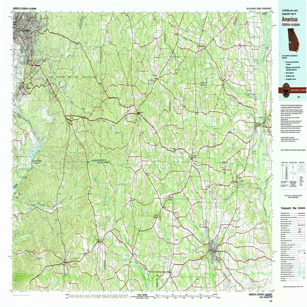 YellowMaps Americus GA topo map, 1:100000 Scale, 30 X 60 Minute, Historical, 1981, Updated 1982, 24.1 x 44 in - Tyvek