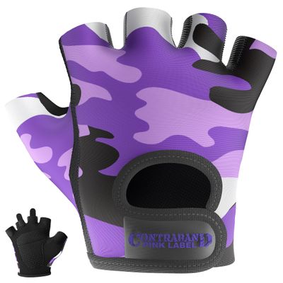 Contraband Pink Label 5217 Women's Design Series Camo Print Lifting and Rowing Gloves (Pair) - Lightweight Vegan Medium Padded Microfiber Amara Leather w/Griplock Silicone (Purple, X-Small)