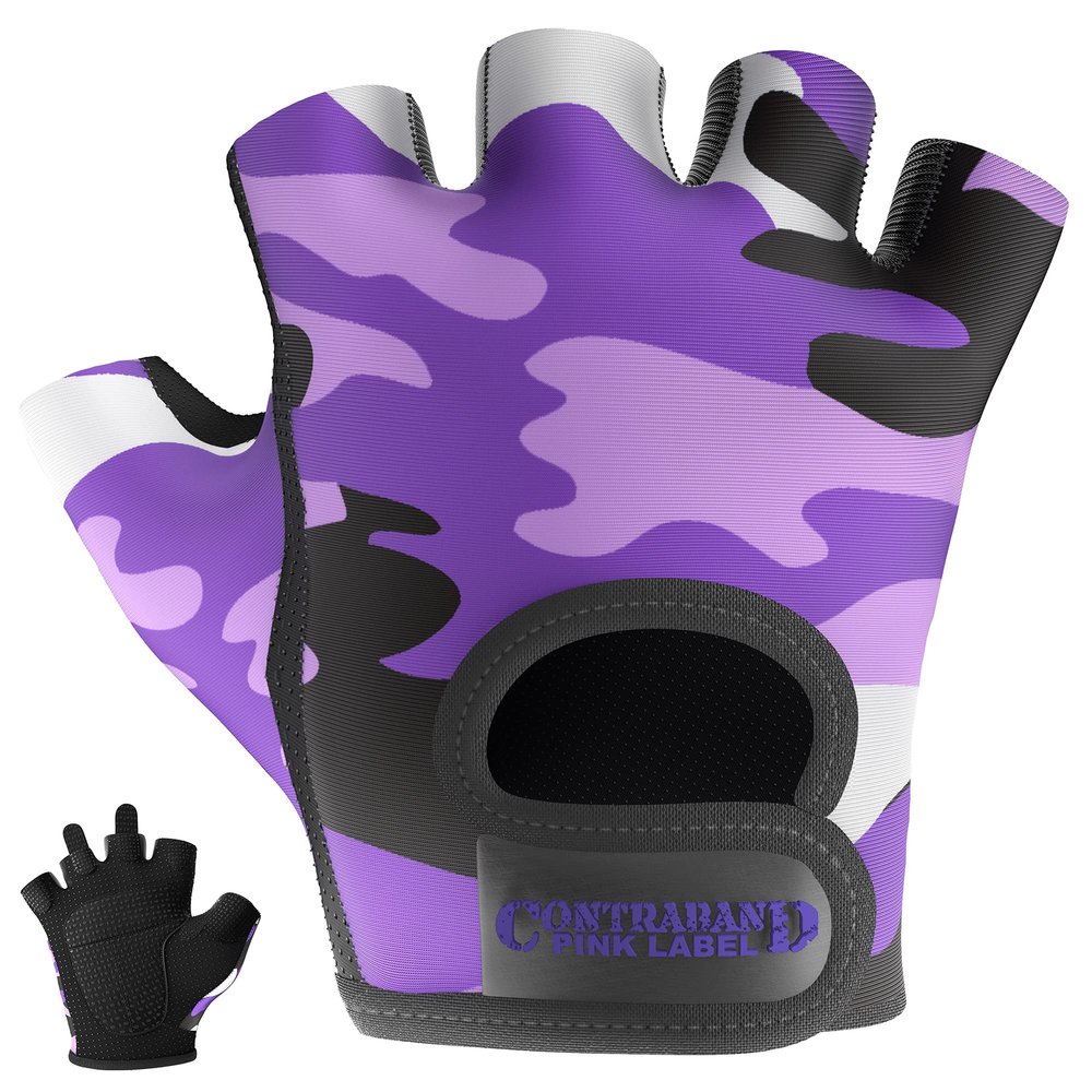 Contraband Pink Label 5217 Women's Design Series Camo Print Lifting and Rowing Gloves (Pair) - Lightweight Vegan Medium Padded Microfiber Amara Leather w/Griplock Silicone (Purple, X-Small)