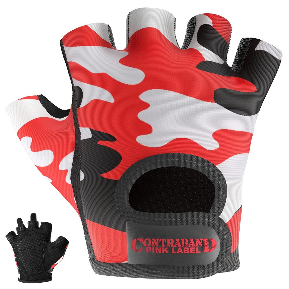 Contraband Pink Label 5217 Women's Design Series Camo Print Lifting and Rowing Gloves (Pair) - Lightweight Vegan Medium Padded Microfiber Amara Leather w/Griplock Silicone (Red, X-Small)