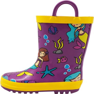 NORTY Rubber Rain Boots for Kids - Waterproof Toddler Rain Boots with Easy Pull Handles, Solid & Printed Rainboots for Boys and Girls, Mermaid Purple Yellow