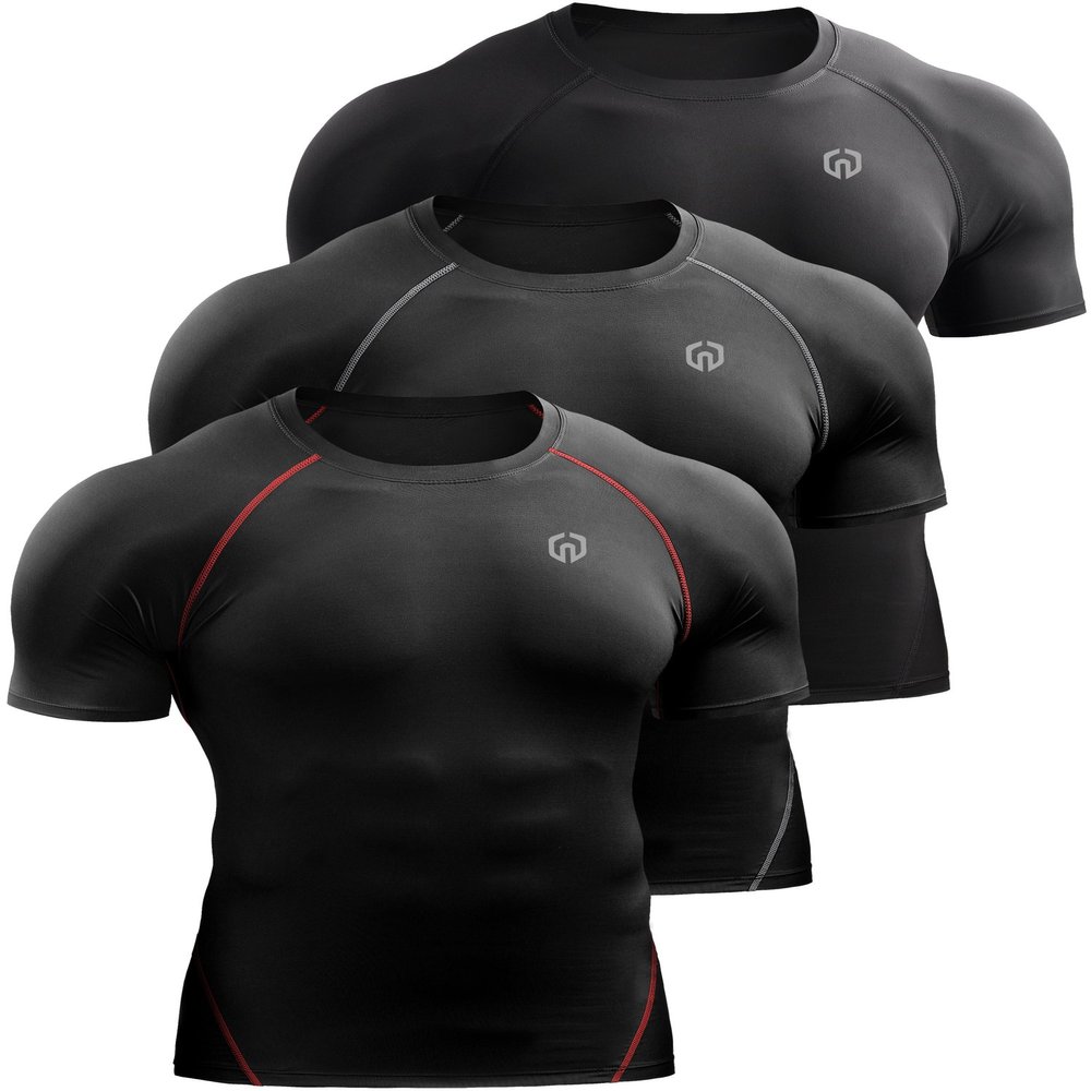 NELEUS Men's 3 Pack Compression Baselayer Athletic Workout T Shirts,5022,Black,Black(Grey),Black(red),US 2XL,EU 3XL