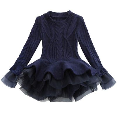 Christmas Sweater Dresses for Girls Ruffle Sweater Long Sleeves Tutu Dress Stitching Knitting Pullover Tops for Kids (Navy Blue, 120)