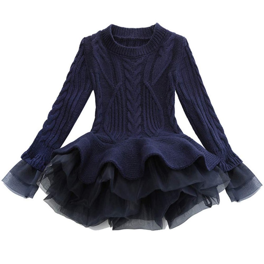Christmas Sweater Dresses for Girls Ruffle Sweater Long Sleeves Tutu Dress Stitching Knitting Pullover Tops for Kids (Navy Blue, 120)
