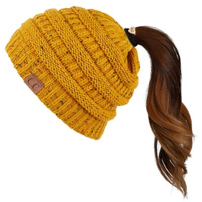 C.C Hatsandscarf Exclusives Ribbed Confetti Knit Beanie Tail Hat for Adult (MB-33) (Mustard)