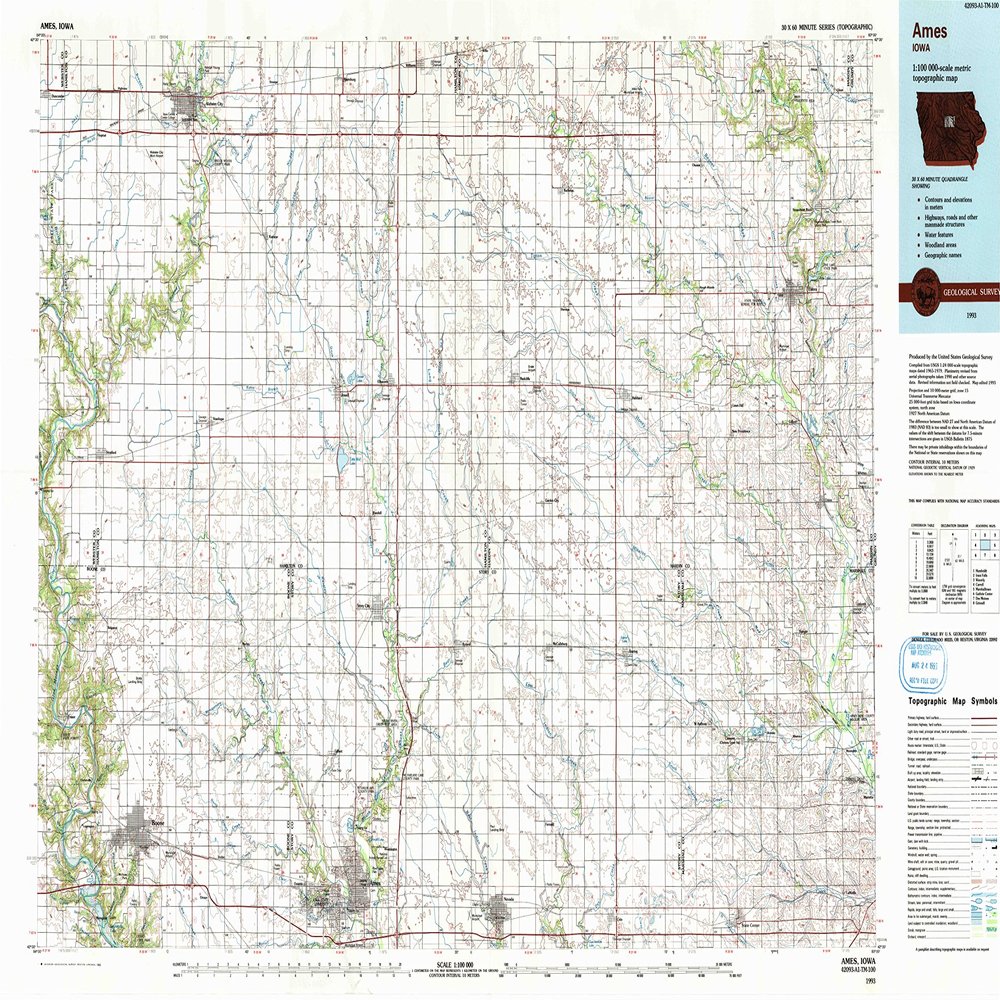 YellowMaps Ames IA topo map, 1:100000 Scale, 30 X 60 Minute, Historical, 1993, Updated 1993, 24.1 x 39 in - Tyvek