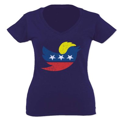 0060. Funny Trump Support Republican trumpublican Make America Great MAGA for Women V Neck Fitted T Shirt (Navy Blue, Small)
