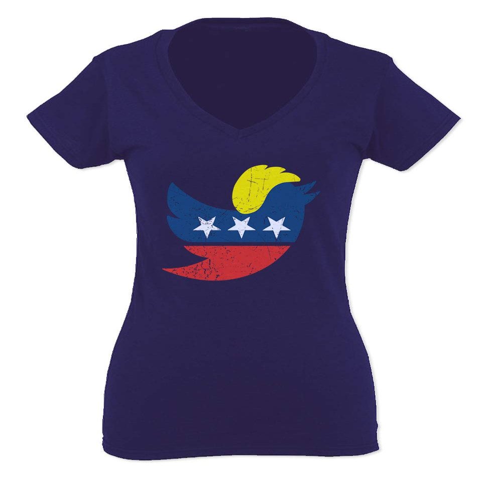 0060. Funny Trump Support Republican trumpublican Make America Great MAGA for Women V Neck Fitted T Shirt (Navy Blue, Small)