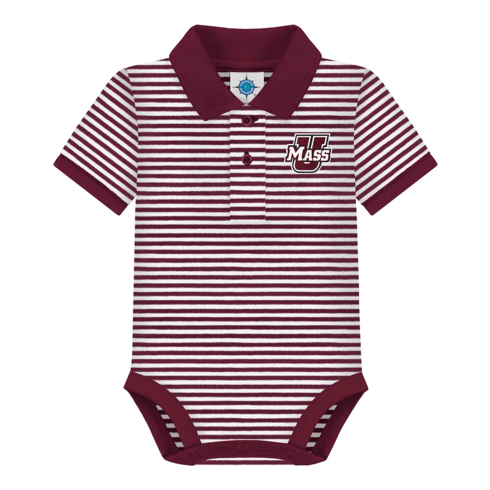 Creative Knitwear College Baby Striped Polo Bodysuit - UMass Minutemen Logo, Maroon/White, for Boys & Girls, 0-3 Months