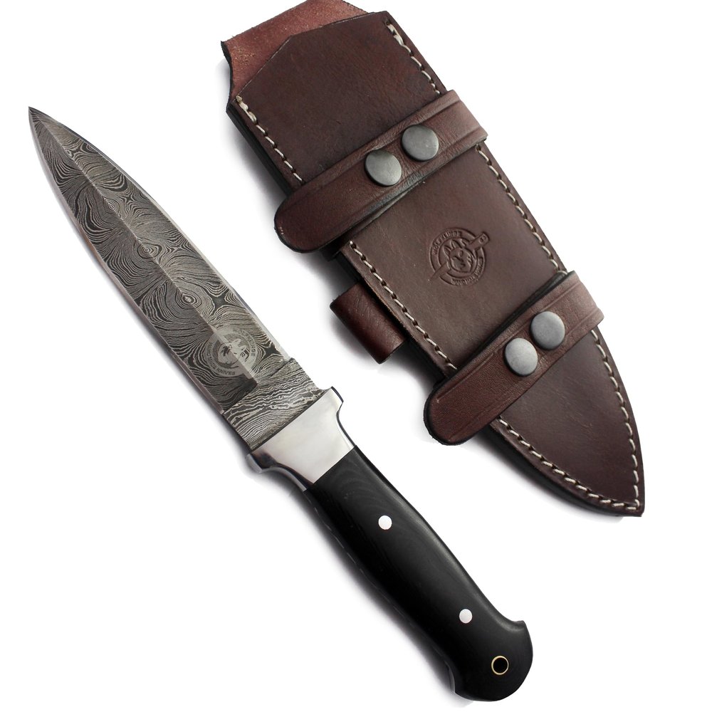 WolfKlinge 11" Handmade Damascus Steel Fixed Blade Knife  Ultimate Spear Point Dagger for Hunting, Survival, Camping, Hiking and Fishing  Full Tang Micarta Handle with Premium Cowhide Leather Sheath (DCX 22-58) (Eclipse Spear)