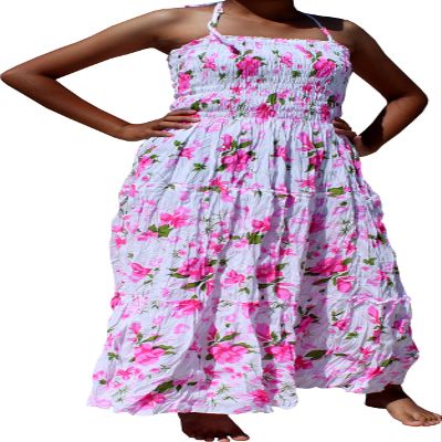 Full Funk Smock Bust Section Summer Dress with Thin Halter Straps, Medium, Flowers Pattern White with Pink