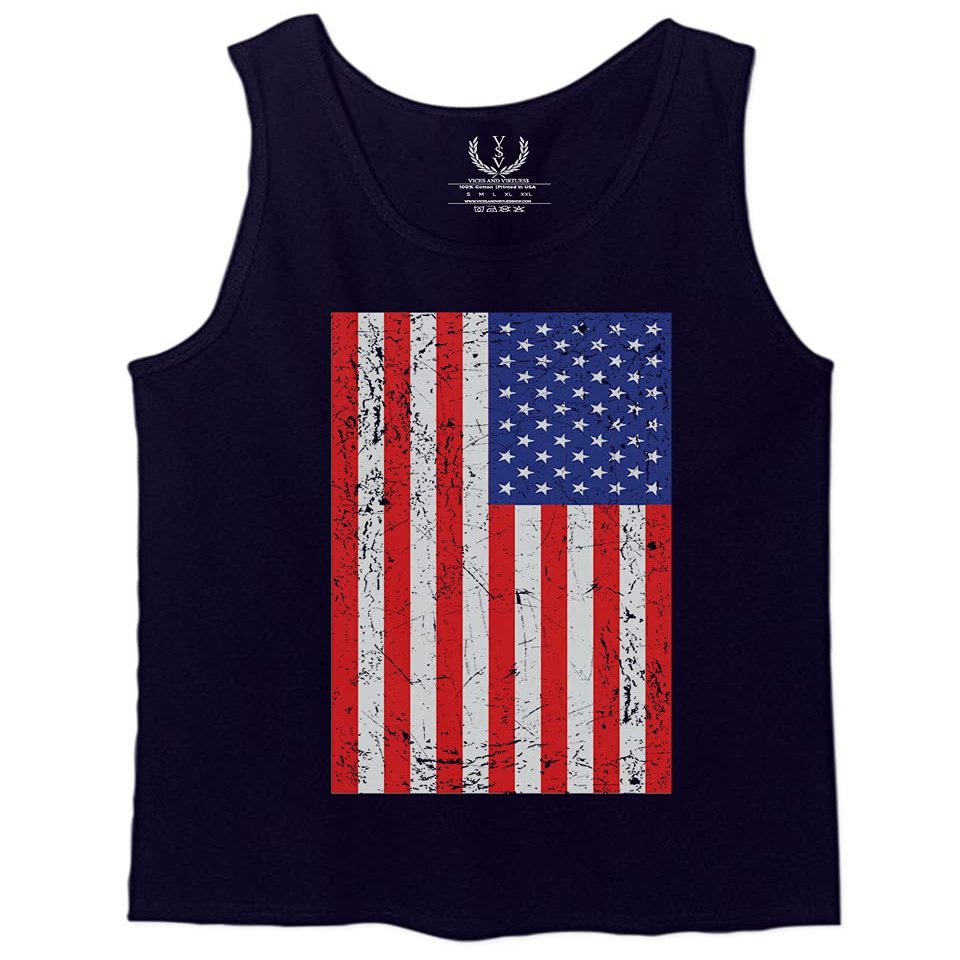0073. Vintage u.s. American Flag United States of America USA Proud Patriotic Style Men's Tank Top (Navy Blue, X-Large)