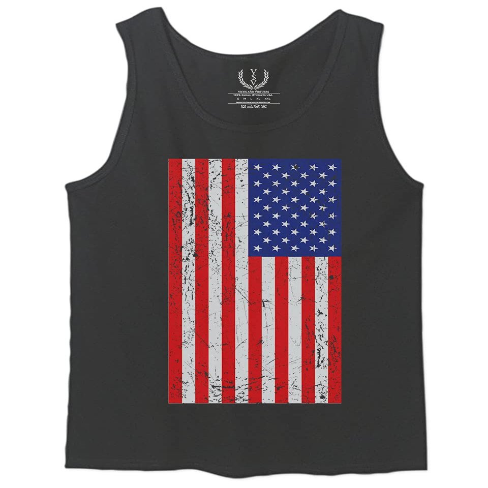 0073. Vintage u.s. American Flag United States of America USA Proud Patriotic Style Men's Tank Top (Charcoal, Small)