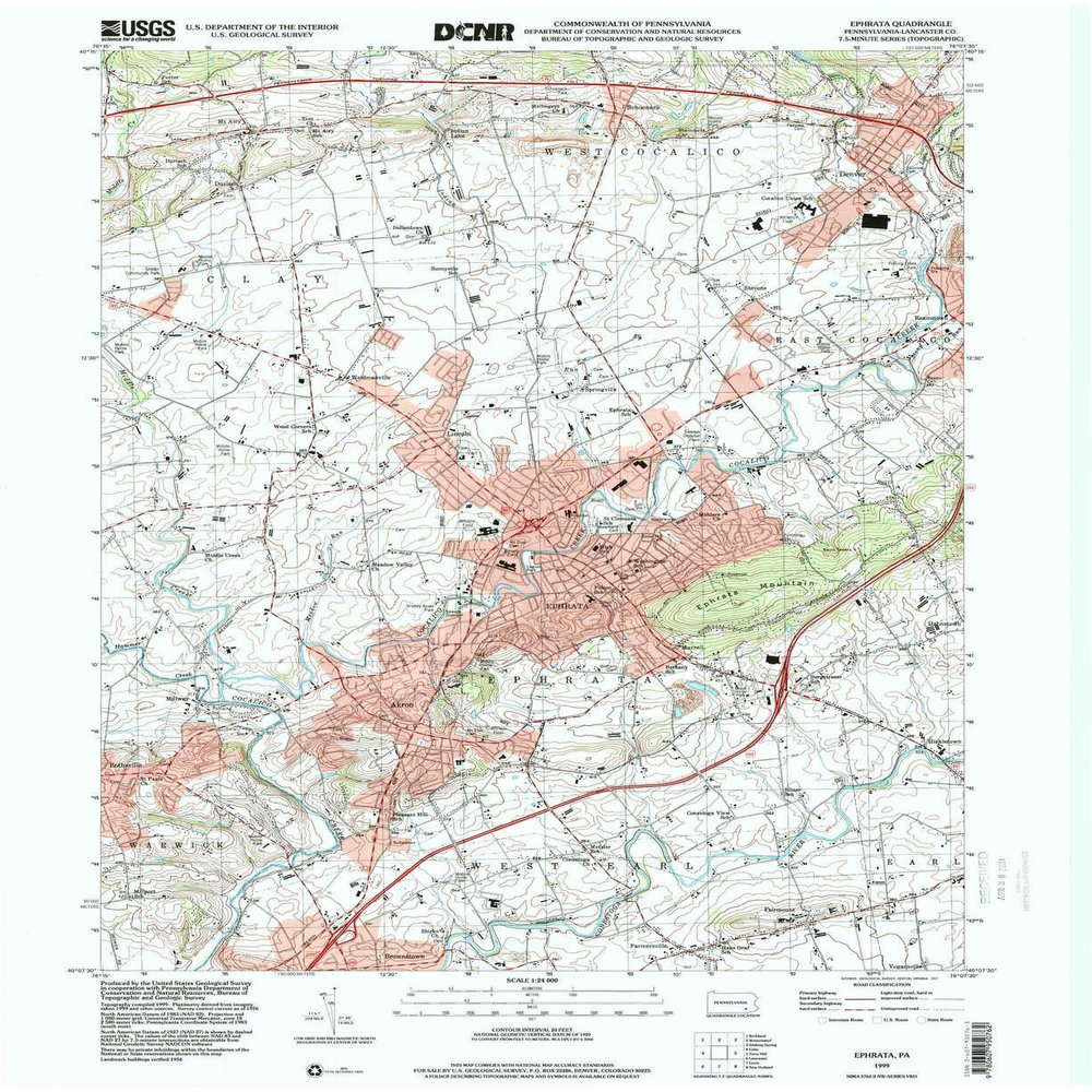 YellowMaps Ephrata PA topo map, 1:24000 Scale, 7.5 X 7.5 Minute, Historical, 1999, Updated 2001, 27 x 22.1 in - Tyvek