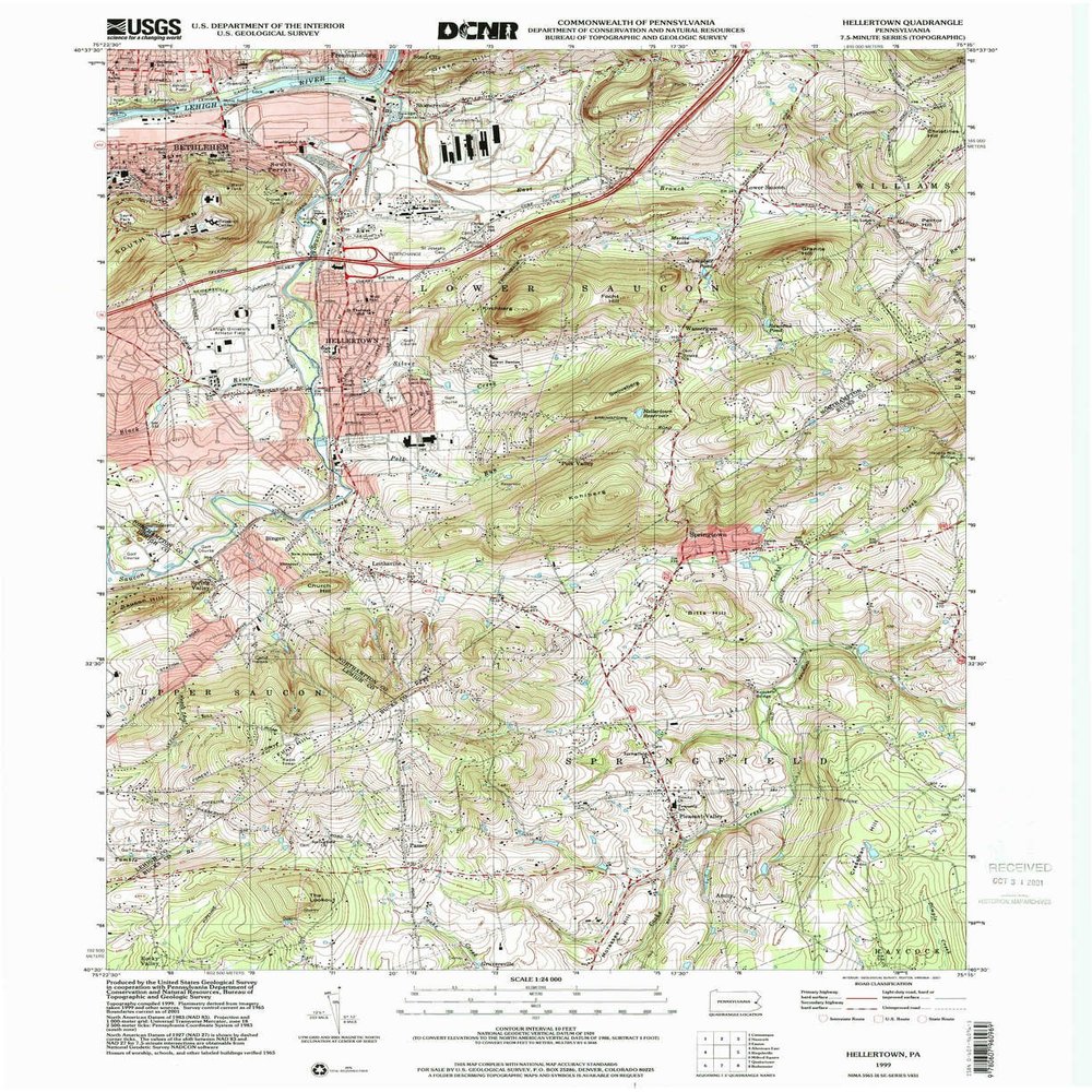 Hellertown PA topo map, 1:24000 Scale, 7.5 X 7.5 Minute, Historical, 1999, Updated 2001, 27 x 22 in - Tyvek