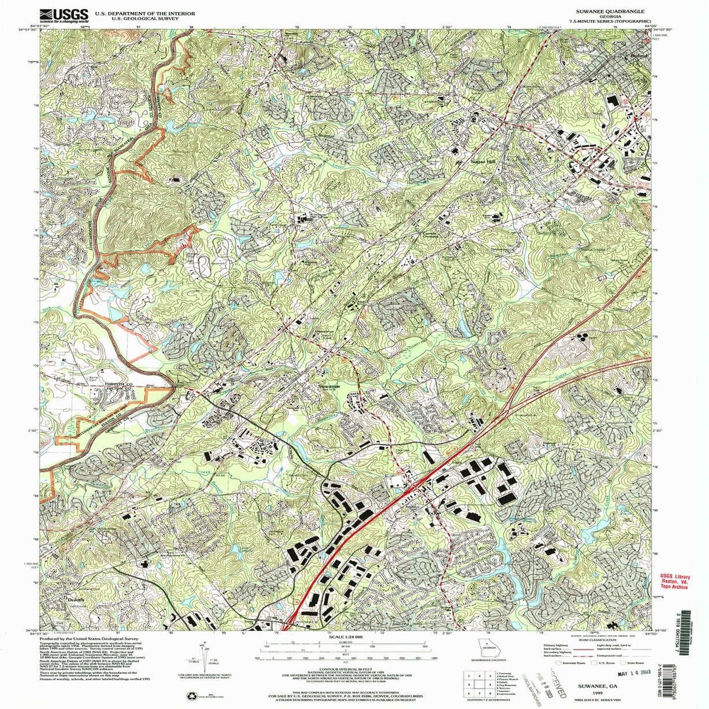 YellowMaps Suwanee GA topo map, 1:24000 Scale, 7.5 X 7.5 Minute, Historical, 1999, Updated 2003, 26.8 x 22 in - Tyvek