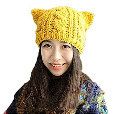 ALLDECOR Handmade Knitted Pussy Cat Ear Beanie Hat for Women's March Winter Warm Cap Yellow