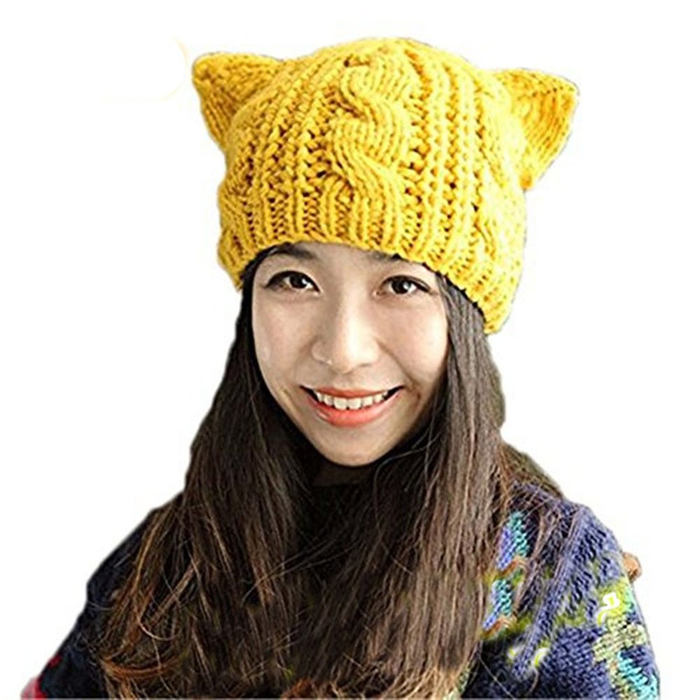 ALLDECOR Handmade Knitted Pussy Cat Ear Beanie Hat for Women's March Winter Warm Cap Yellow