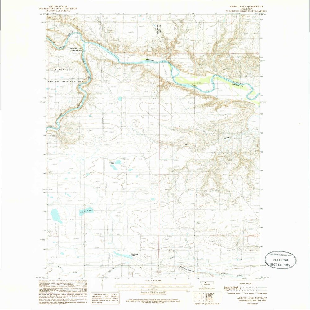 YellowMaps Abbott Lake MT topo map, 1:24000 Scale, 7.5 X 7.5 Minute, Historical, 1985, Updated 1986, 27.1 x 22.2 in - Tyvek
