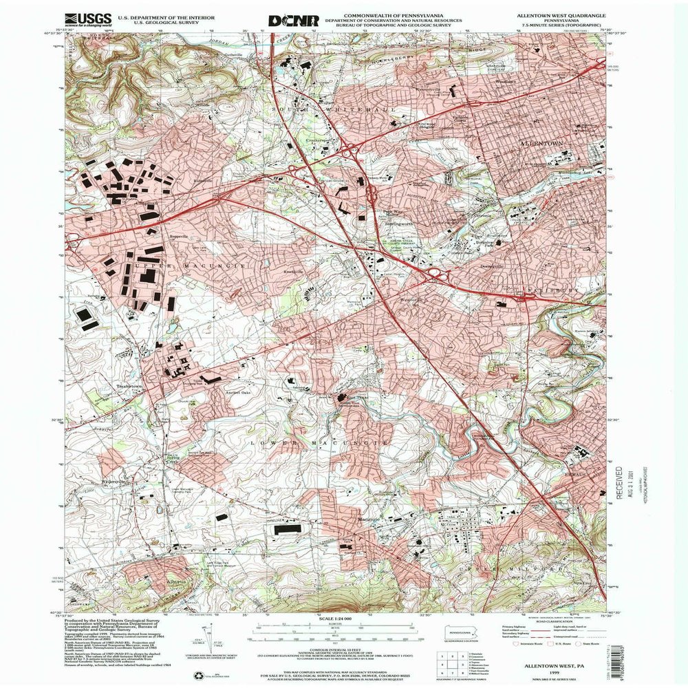 YellowMaps Allentown West PA topo map, 1:24000 Scale, 7.5 X 7.5 Minute, Historical, 1999, Updated 2001, 27 x 22.1 in - Tyvek