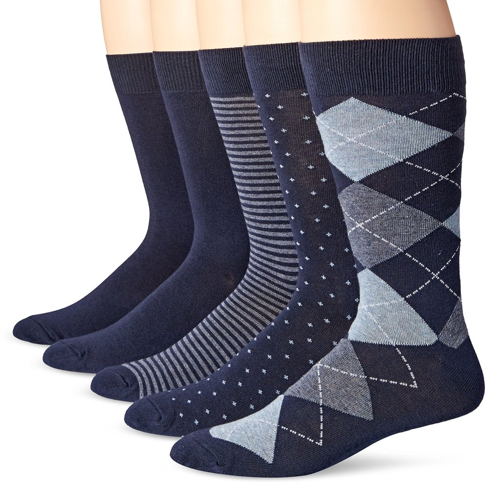 Amazon Essentials Men's Comfortable Patterned Cotton Crew Dress Socks, 5 Pairs, Navy Novelty, 13-15
