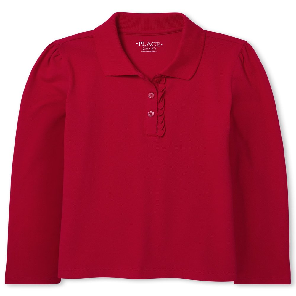 The Children's Place girls Long Sleeve Ruffle Pique Polo Shirt, Ruby Single, X-Small US