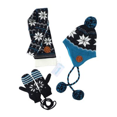 mimixiong Boys Girls Hat Scarf Gloves Sets Autumn Handmade Knitted Kids Snowflake Pattern 3Pcs Suits(Blue-3Pcs,1-4Y)