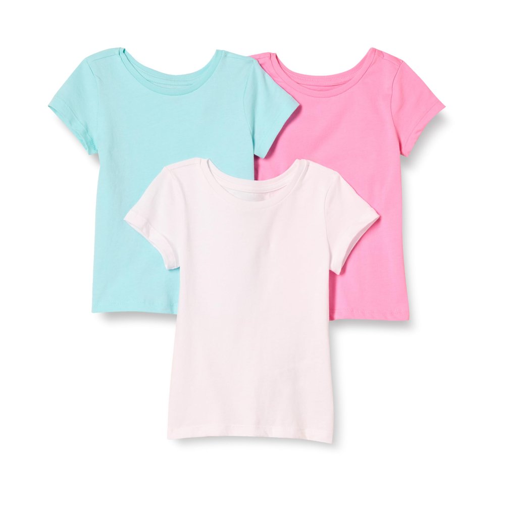 Amazon Essentials Girls' Short-Sleeve T-Shirts, Pack of 3, Aqua Blue/Pink/White, Large