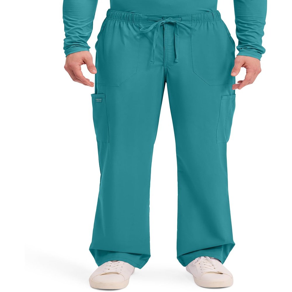 Cherokee Scrubs for Men Tapered Leg Cargo Scrub Pants with Zip Fly, 5 Pockets Elastic Waist 2-Way Stretch & Easy Care - WW190, M Short, Teal Blue