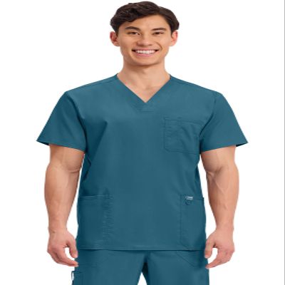 Cherokee Scrub top for Men V-Neck with 3 Pockets, Knit Details, Soft, Durable, Breathable, 2-Way Stretch Fabric - WW670, L, Caribbean Blue