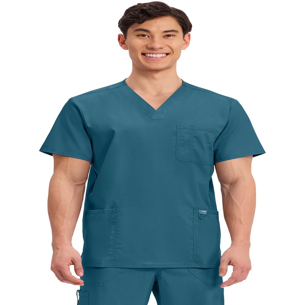 Cherokee Scrub top for Men V-Neck with 3 Pockets, Knit Details, Soft, Durable, Breathable, 2-Way Stretch Fabric - WW670, L, Caribbean Blue