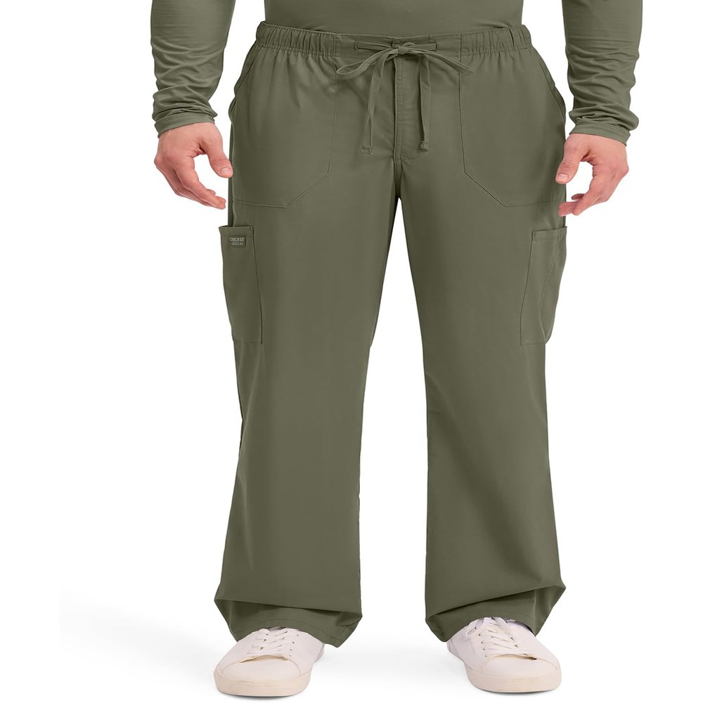 Cherokee Scrubs for Men Tapered Leg Cargo Scrub Pants with Zip Fly, 5 Pockets Elastic Waist 2-Way Stretch & Easy Care - WW190, L Short, Olive