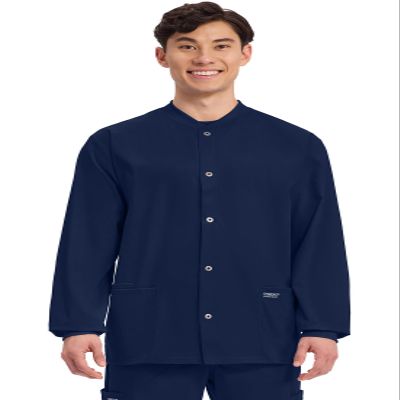 Cherokee Mens Scrub Jacket Snap Front Medical with 3 Pockets, Knit Cuffs, Soft Fade Resistant 2-Way Stretch - WW360, M, Navy