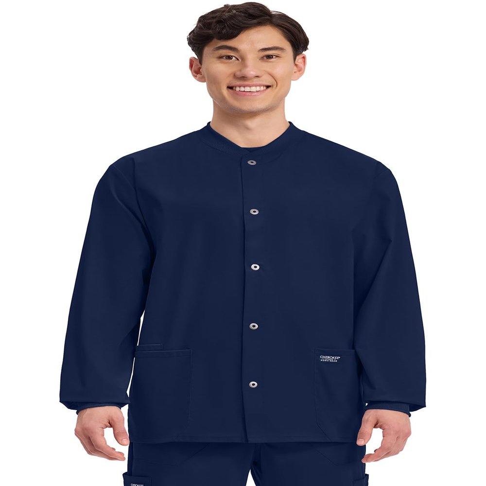 Cherokee Mens Scrub Jacket Snap Front Medical with 3 Pockets, Knit Cuffs, Soft Fade Resistant 2-Way Stretch - WW360, M, Navy