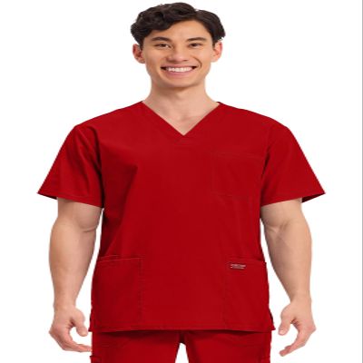 Cherokee Men's V-Neck Top Traditional fit with 4 Pockets, Ultra Soft, Durable, Fade Resistant, 2-Way Stretch Fabric - WW695T, XL, Red