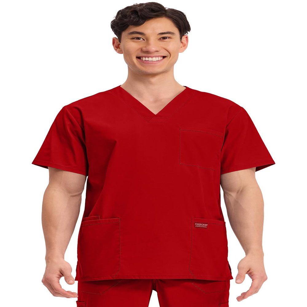 Cherokee Men's V-Neck Top Traditional fit with 4 Pockets, Ultra Soft, Durable, Fade Resistant, 2-Way Stretch Fabric - WW695T, XL, Red