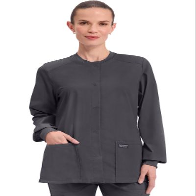 Cherokee Scrub for Women Snap Front Jacket with 3 Pockets, Fade Resistant, 2-Way Stretch, Soft & Durable Fabric - WW340, M, Pewter